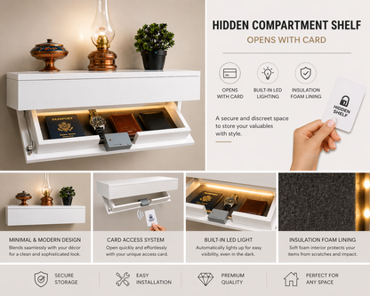 Hidden Compartment Floating Shelf, RFID Access, LED Light, Secure Storage (70cm)