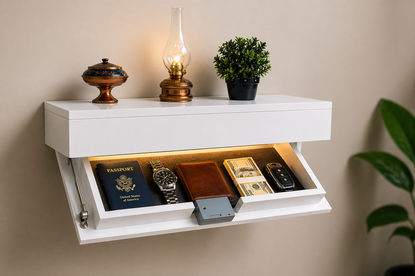 Hidden Compartment Floating Shelf, RFID Access, LED Light, Secure Storage (70cm)